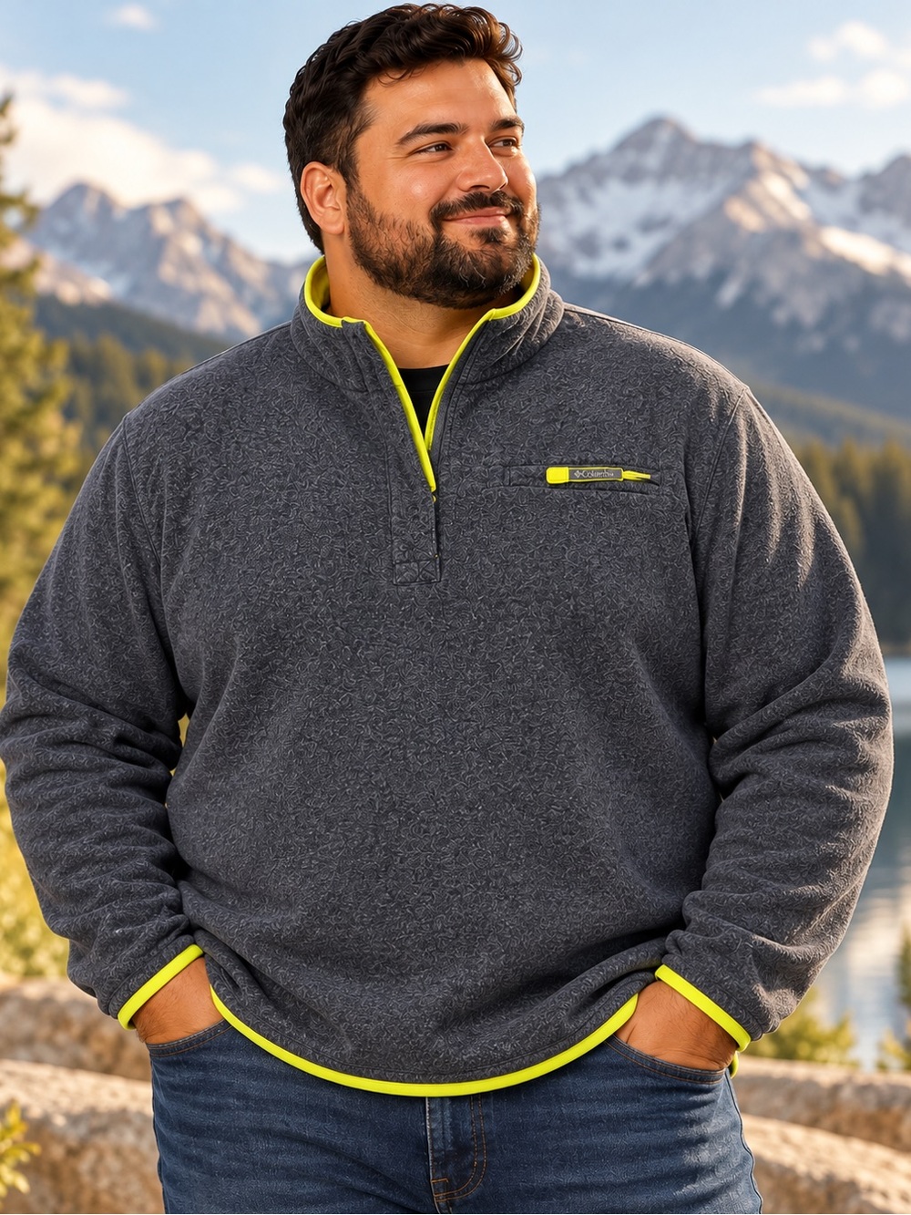 Columbia Sportswear Men’s Gray Textured Fleece Pullover 3X Neon Yellow Trim